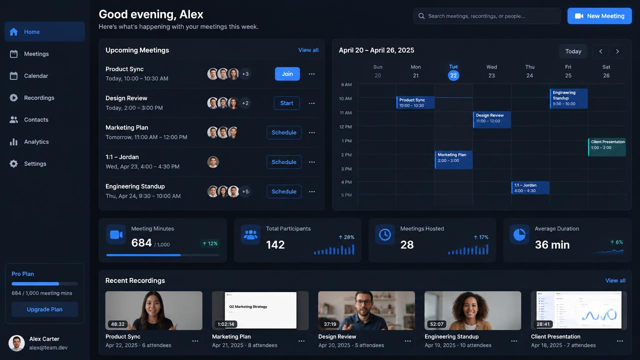 Clearline scheduling dashboard with upcoming meetings, a week calendar, and recordings