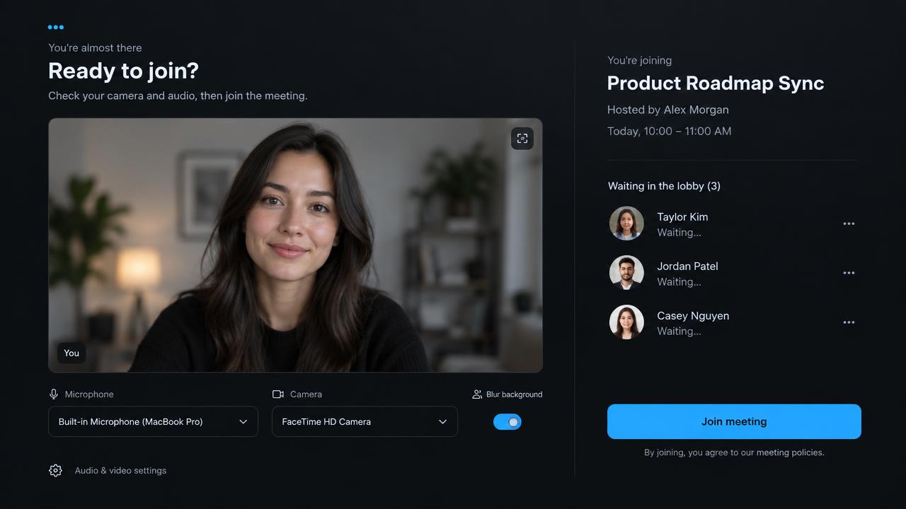 Clearline join screen with camera preview, device selection, and a waiting lobby list